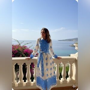 CELINA MOON by Anthropologie blue Shell Print Midi Dress. 100% Cotton NWT Size M